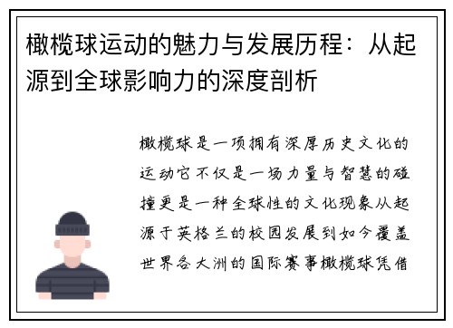 橄榄球运动的魅力与发展历程：从起源到全球影响力的深度剖析