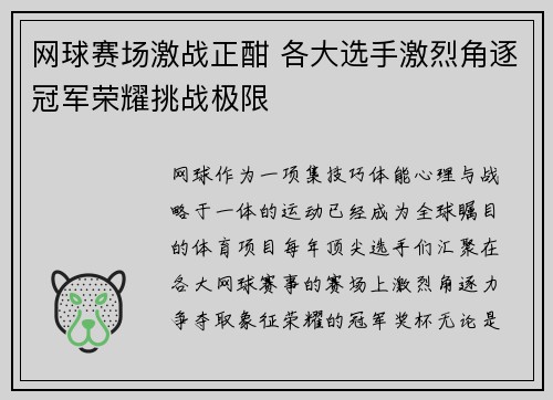 网球赛场激战正酣 各大选手激烈角逐冠军荣耀挑战极限