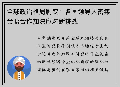 全球政治格局剧变：各国领导人密集会晤合作加深应对新挑战