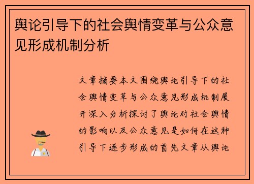 舆论引导下的社会舆情变革与公众意见形成机制分析