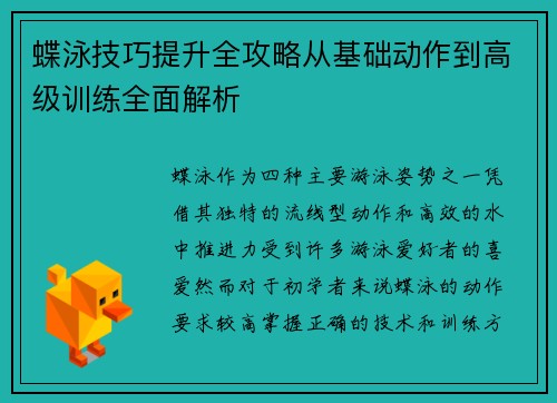 蝶泳技巧提升全攻略从基础动作到高级训练全面解析
